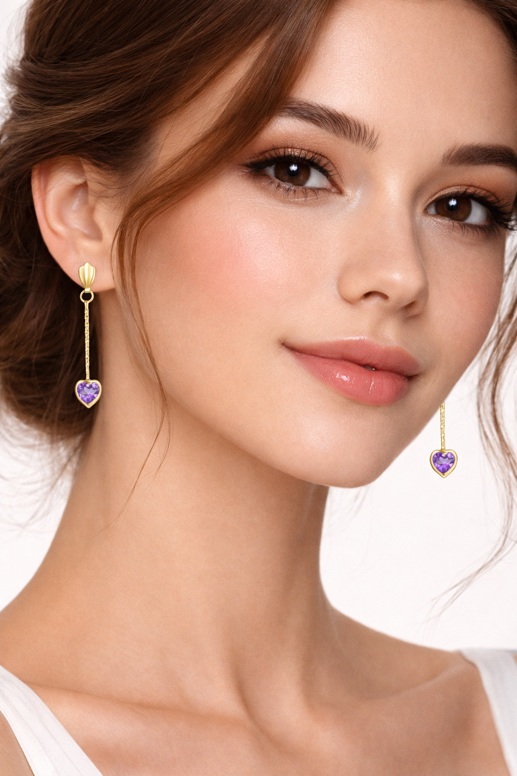 Natural Amethyst Heart Earrings Solid 9ct Yellow Gold Stick Drops Hallmarked