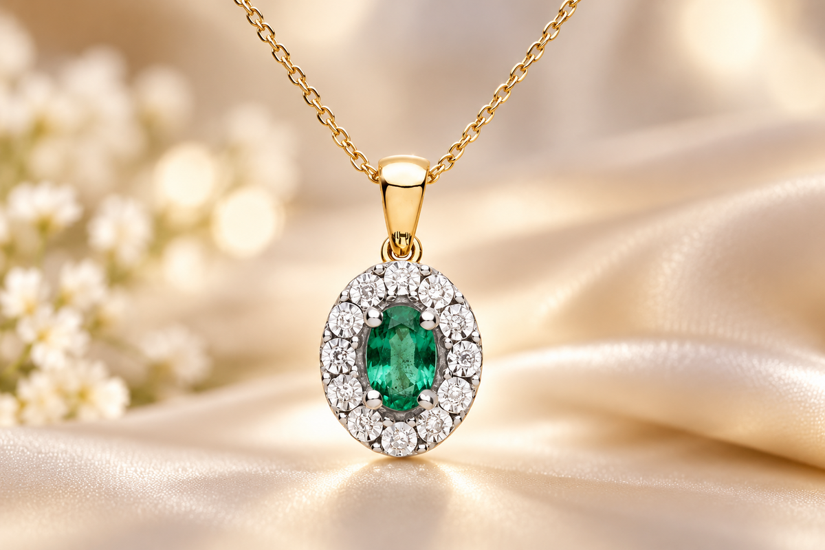 Elegant Oval Emerald & Diamond Halo Pendant 9ct Yellow Gold 18" Chain