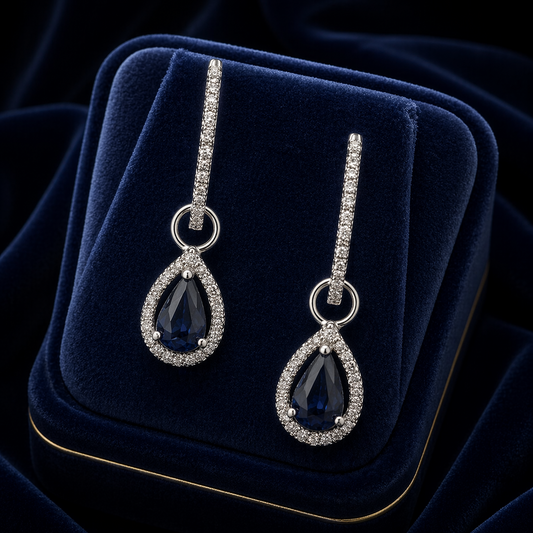 Natural Sapphire and Diamond Earrings Solid 9ct White Gold Teardrop Hallmarked
