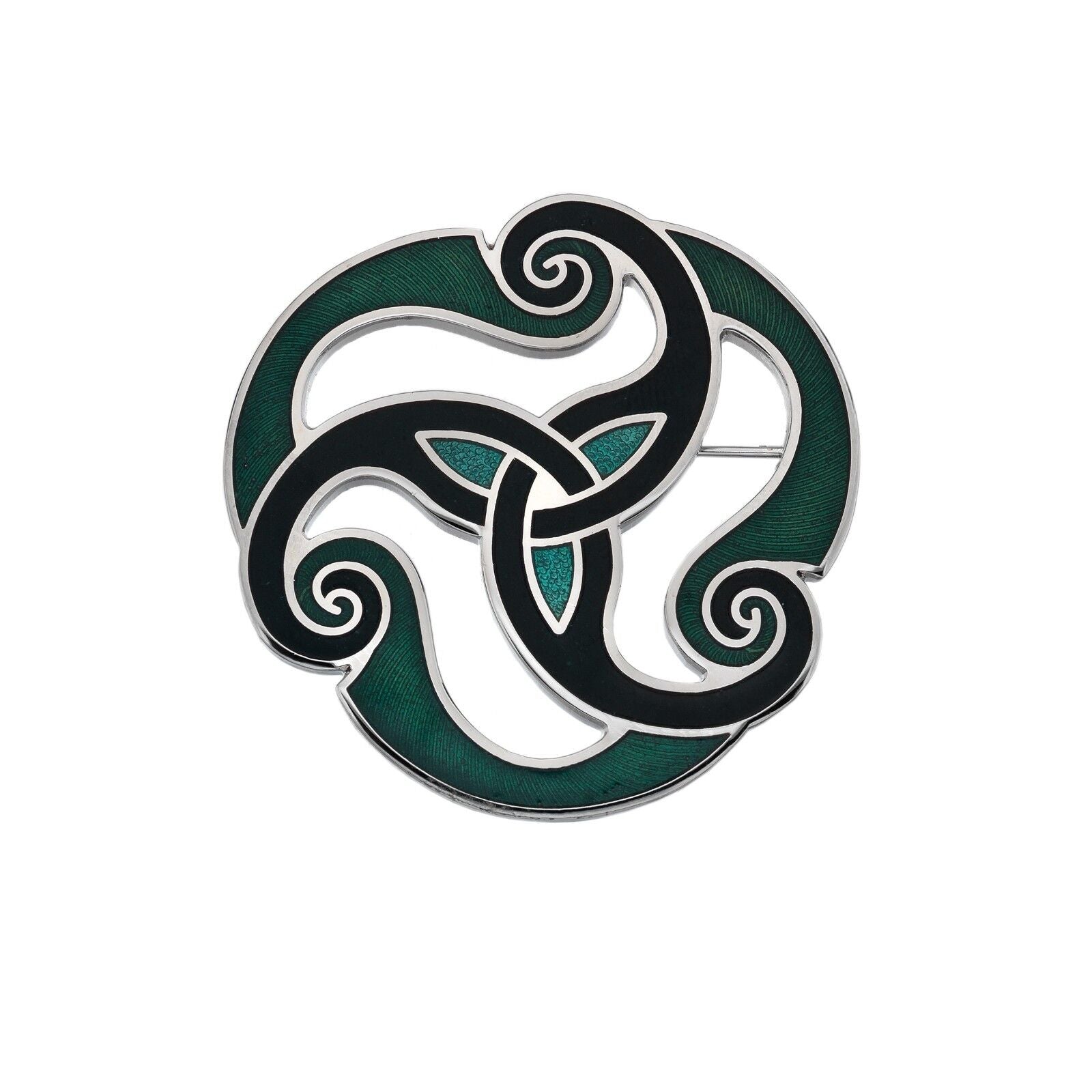 Green Celtic Triskele Brooch Silver Plated Brand New Gift Packaging