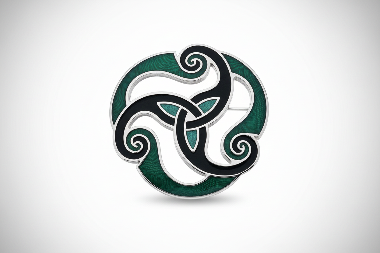 Green Celtic Triskele Brooch Silver Plated Brand New Gift Packaging