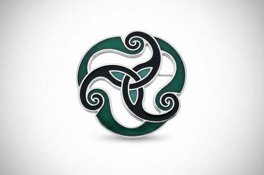 Green Celtic Triskele Brooch Silver Plated Brand New Gift Packaging