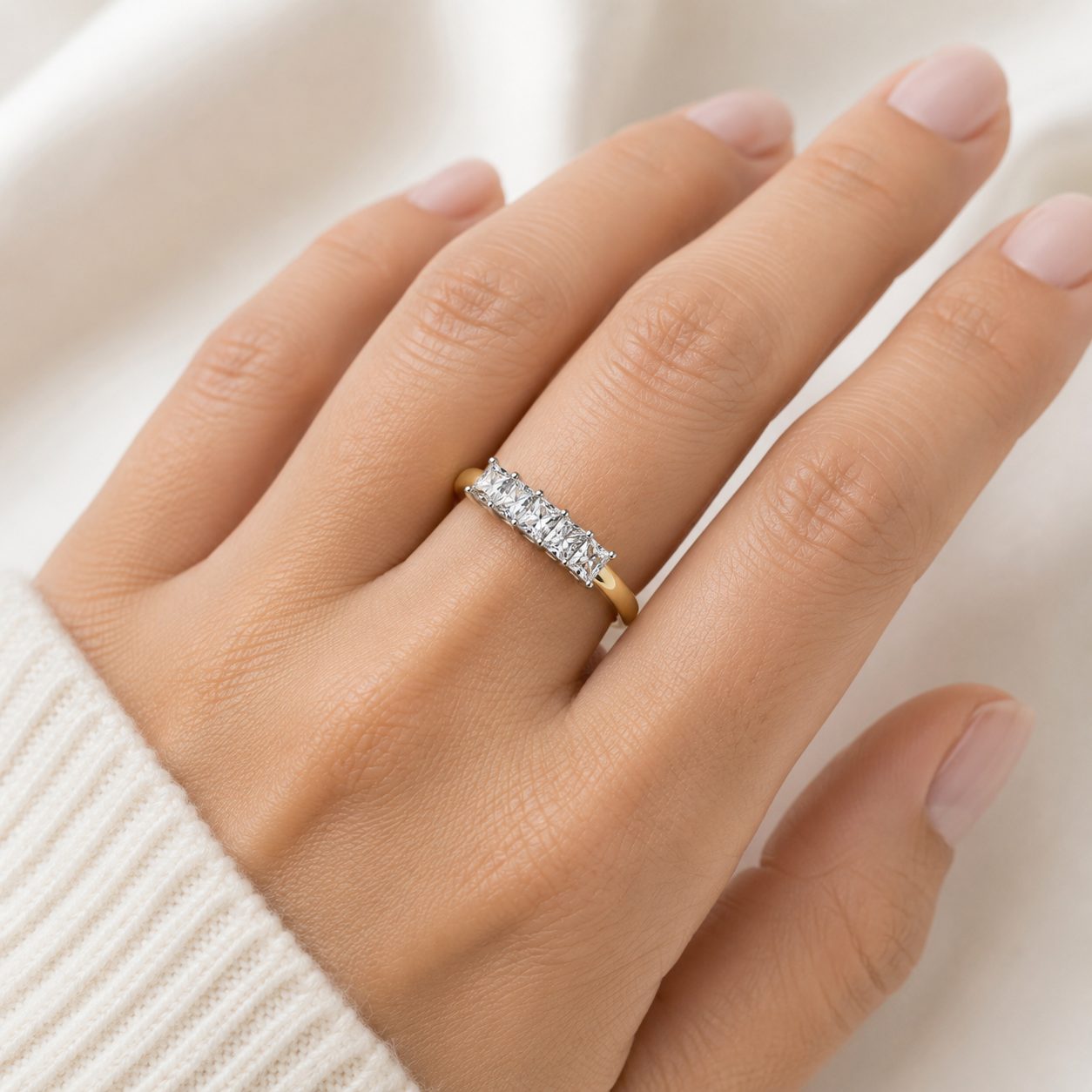 Classic Five Stone Princess Cut Anniversary Ring 18ct Gold Solid Sterling Silver