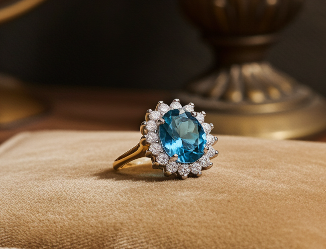 18ct Gold Aquamarine Cluster Ring on Solid Sterling Silver 925 Hallmark Size J-V