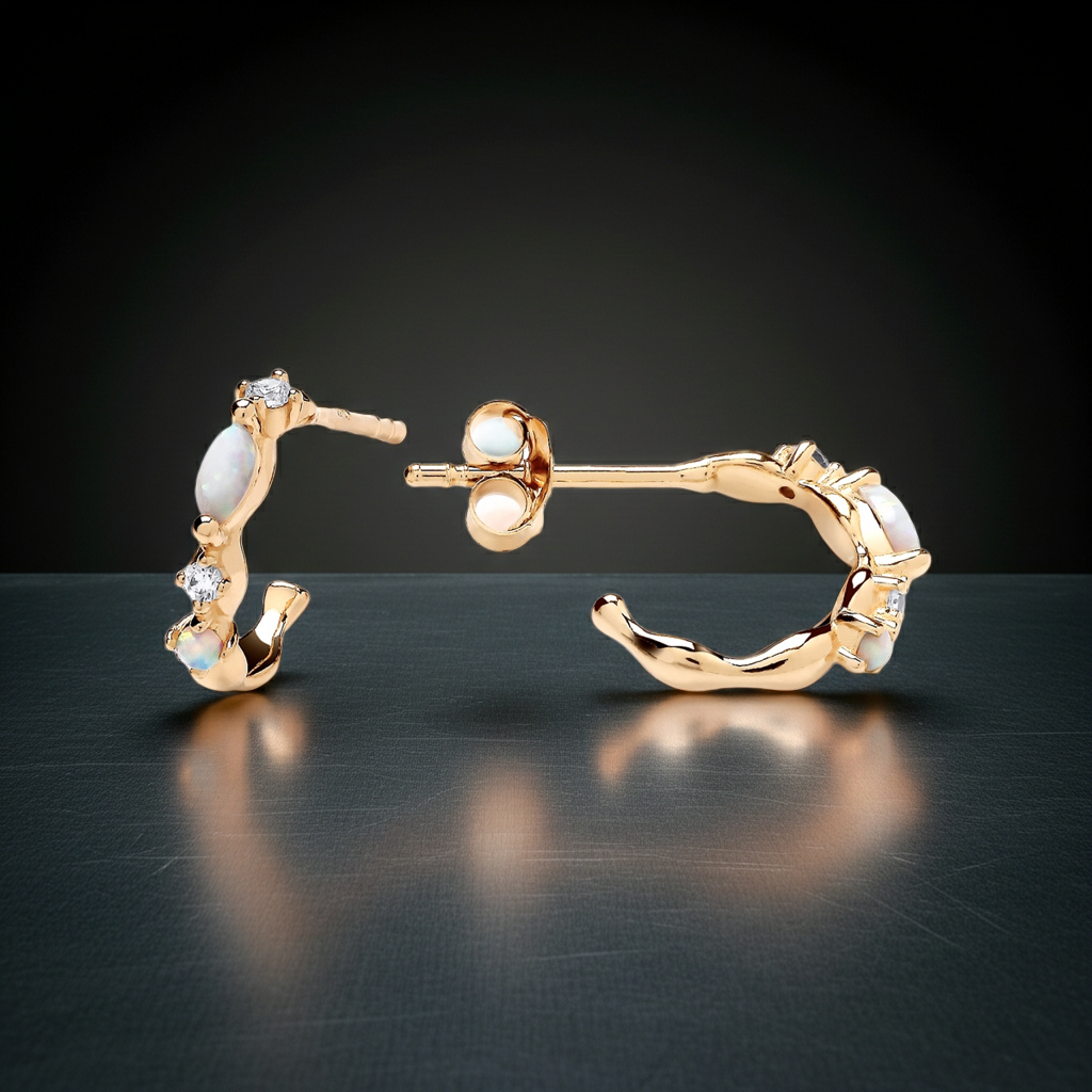 18ct Gold Opal Huggie Earrings on Solid Sterling Silver 12mm 925 Hallmark