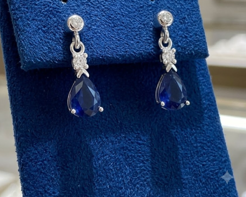 Real White Gold Sapphire & Diamond Drop Earrings Pear Cut Gemstone Dangle Studs