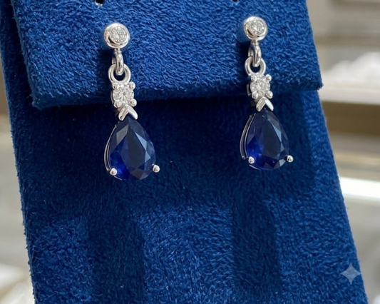 Real White Gold Sapphire & Diamond Drop Earrings Pear Cut Gemstone Dangle Studs