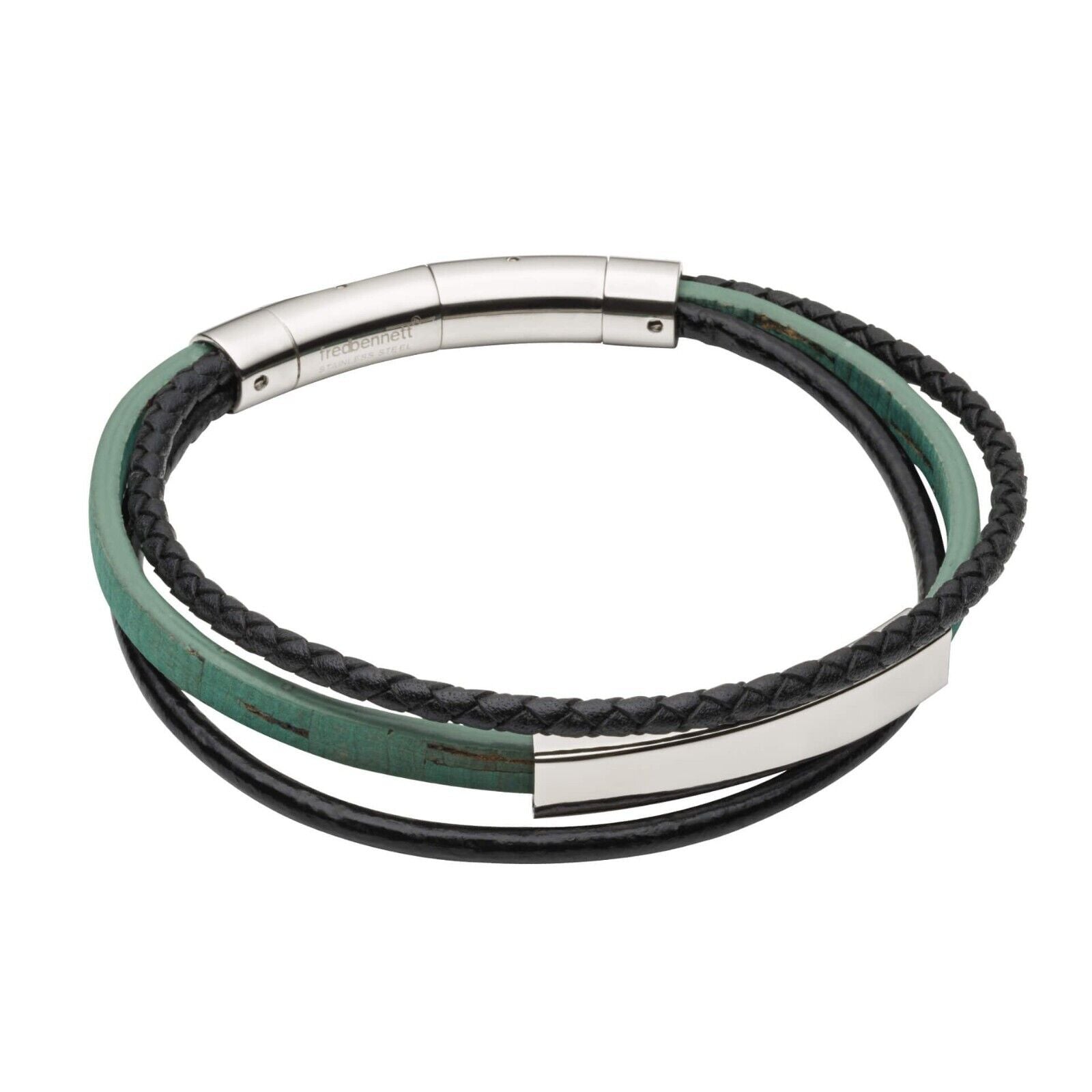 Fred Bennett Multi Row Cork and Leather Bracelet ID Bar 22.5cm Free Engraving