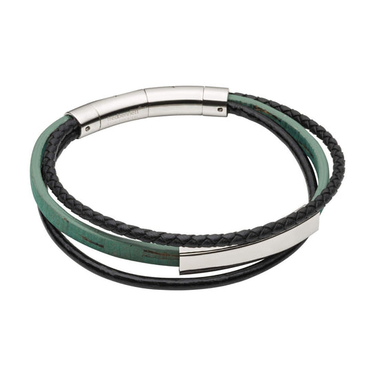 Fred Bennett Multi Row Cork and Leather Bracelet ID Bar 22.5cm Free Engraving