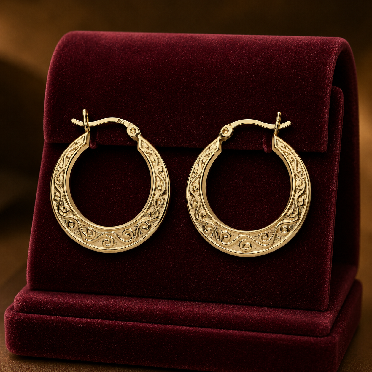Scrollwork Filigree Creole Hoop Earrings 18ct Gold on Sterling Silver 23mm