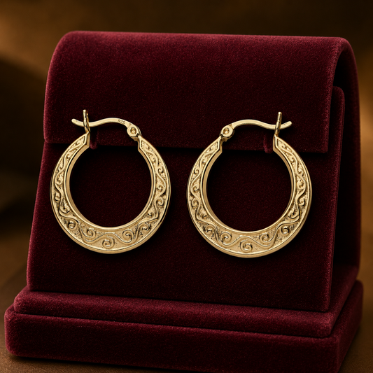 Scrollwork Filigree Creole Hoop Earrings 18ct Gold on Sterling Silver 23mm