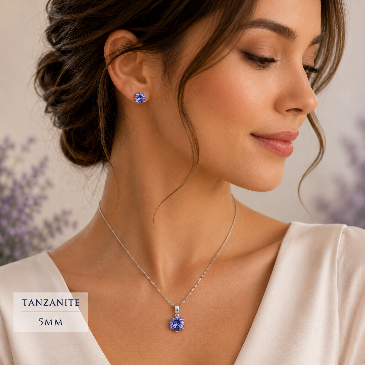 Natural Tanzanite Jewellery Set – 5mm Pendant & Stud Earrings Solid White Gold
