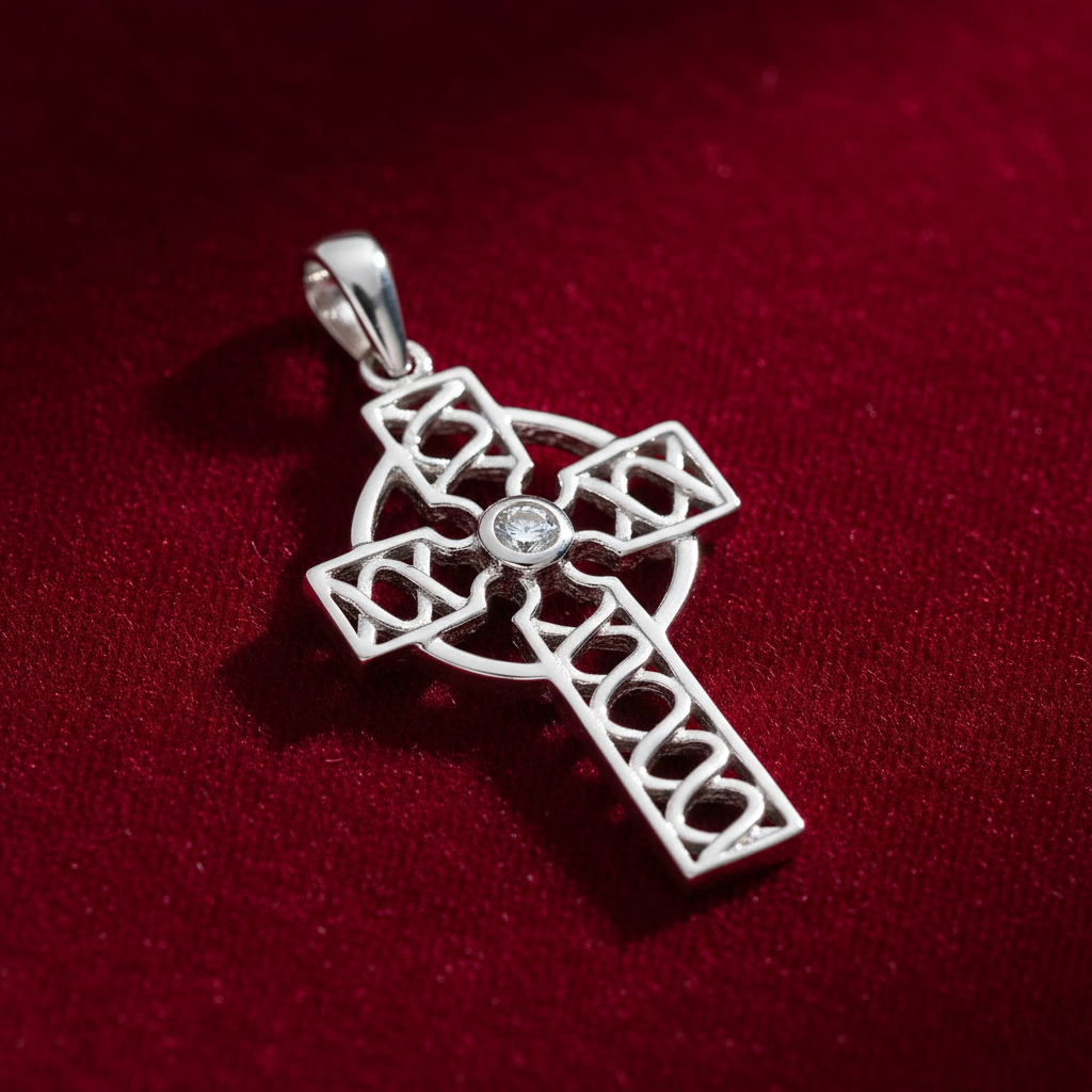 Sterling Silver Celtic Cross Pendant Zircon 925 Hallmark 39mm Rhodium Finish