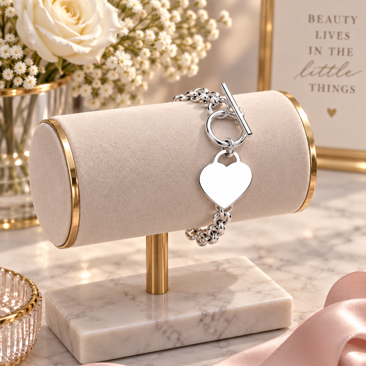 Sterling Silver Heart Charm Toggle Clasp Chain Bracelet Women’s Jewellery Gift