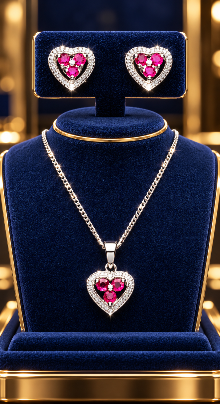 Ruby and Diamond Heart Matching Set Pendant and Earrings Solid Sterling Silver