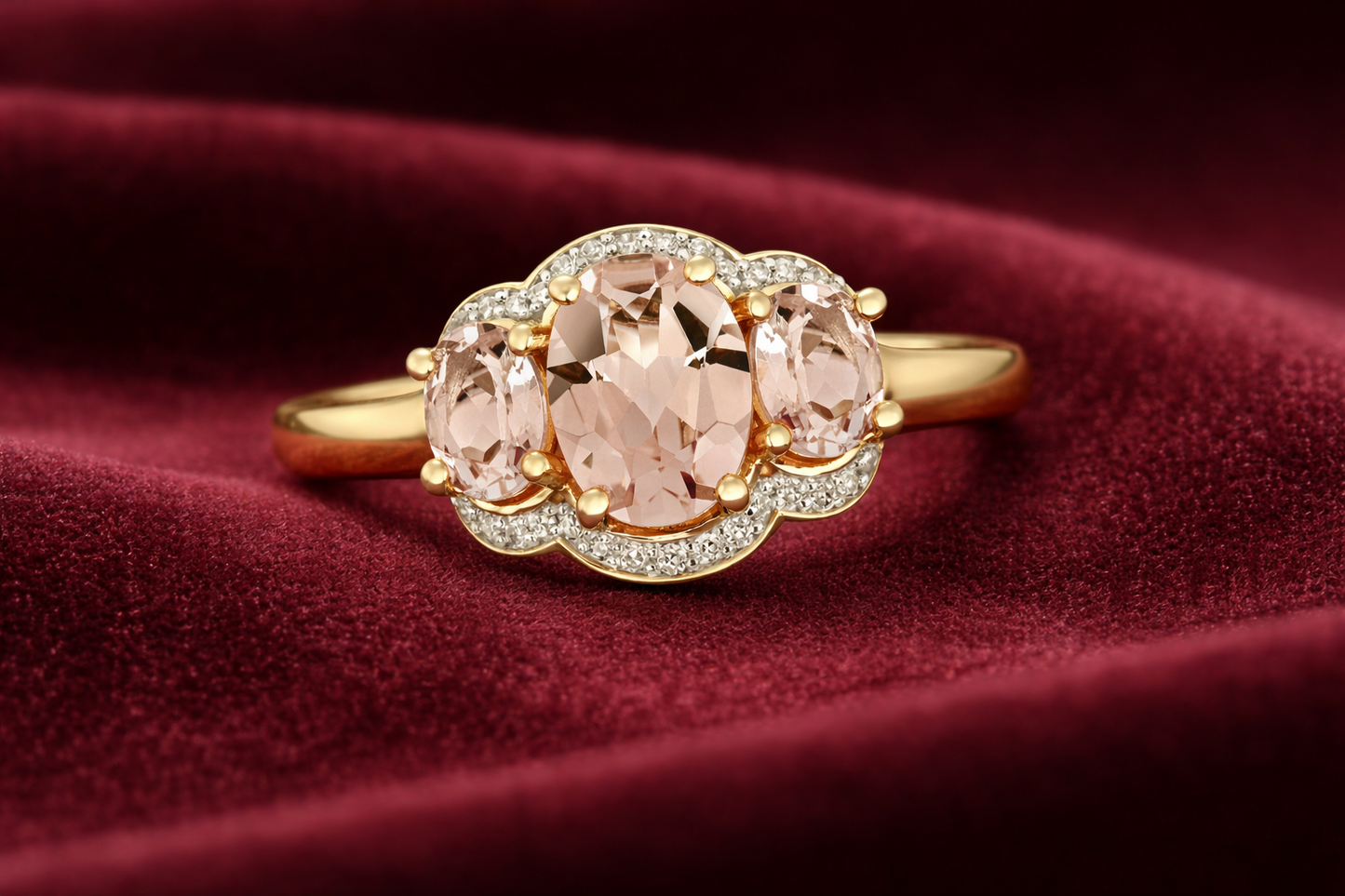 Real Morganite and Diamond Ring 9ct Yellow Gold Three Stone Trilogy Size J - Q