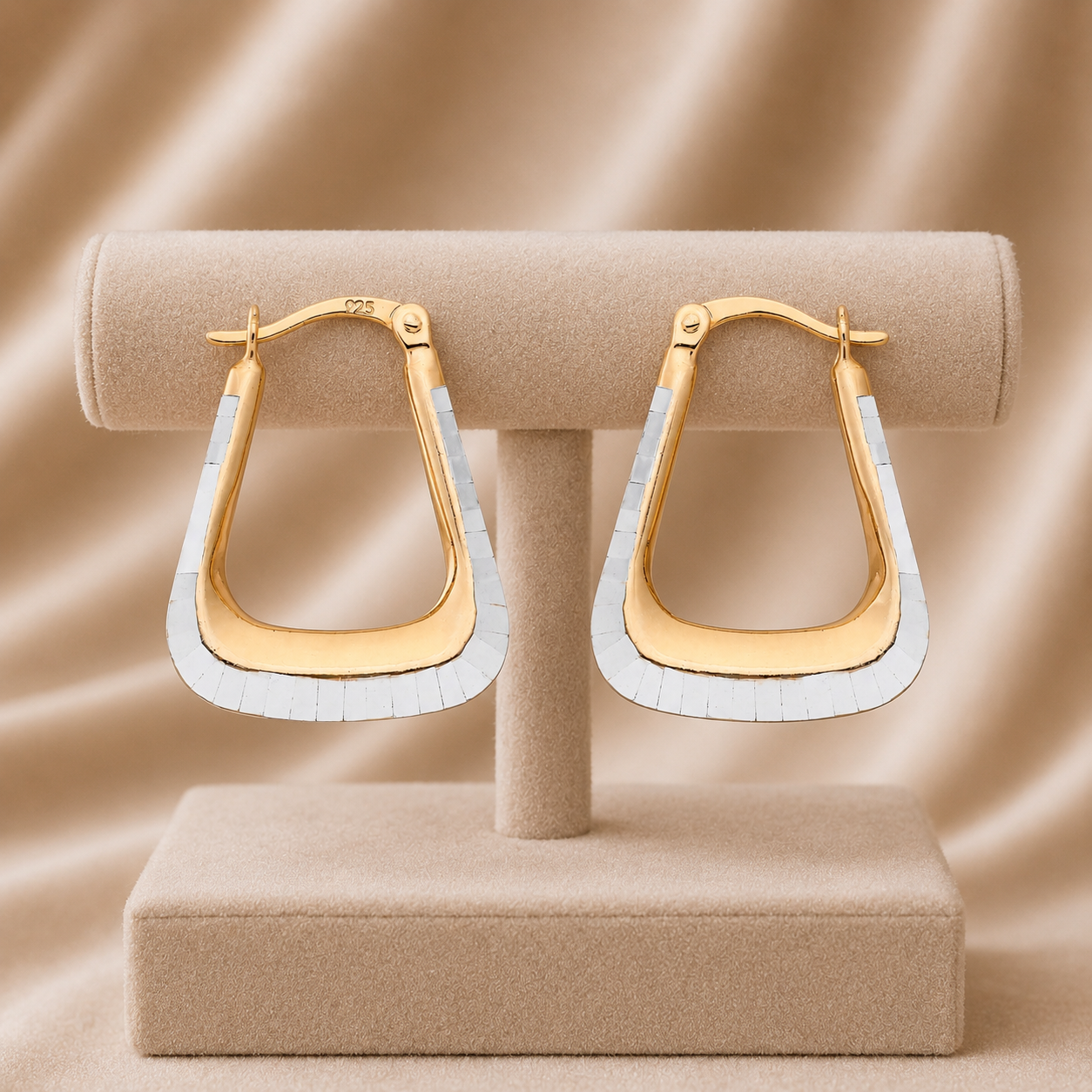 Two Tone Creole Hoop Earrings 21mm 18ct Gold on Sterling Silver 925 Hallmark