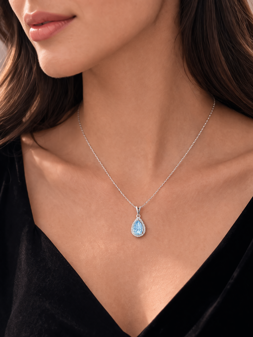 Blue Topaz Pear Pendant With Diamonds 9ct White Gold 18" 46cm Length Chain