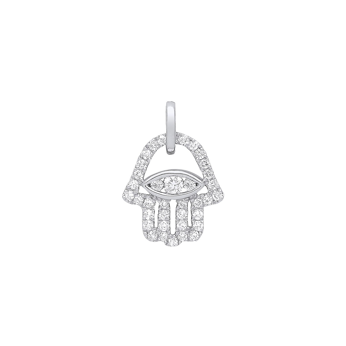 Real Diamond Hamsa Pendant Necklace 9ct  White Gold 18" Chain 0.22ctw Diamonds