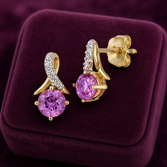 Pink Sapphire and Diamond Earrings Solid 9ct Yellow Gold Drops Hallmarked