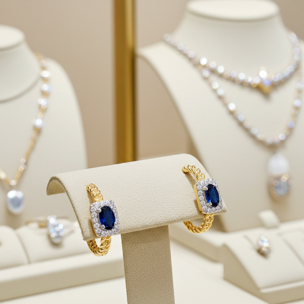 18ct Gold Sapphire Hoop Earrings on Solid Sterling Silver 925 Hallmark