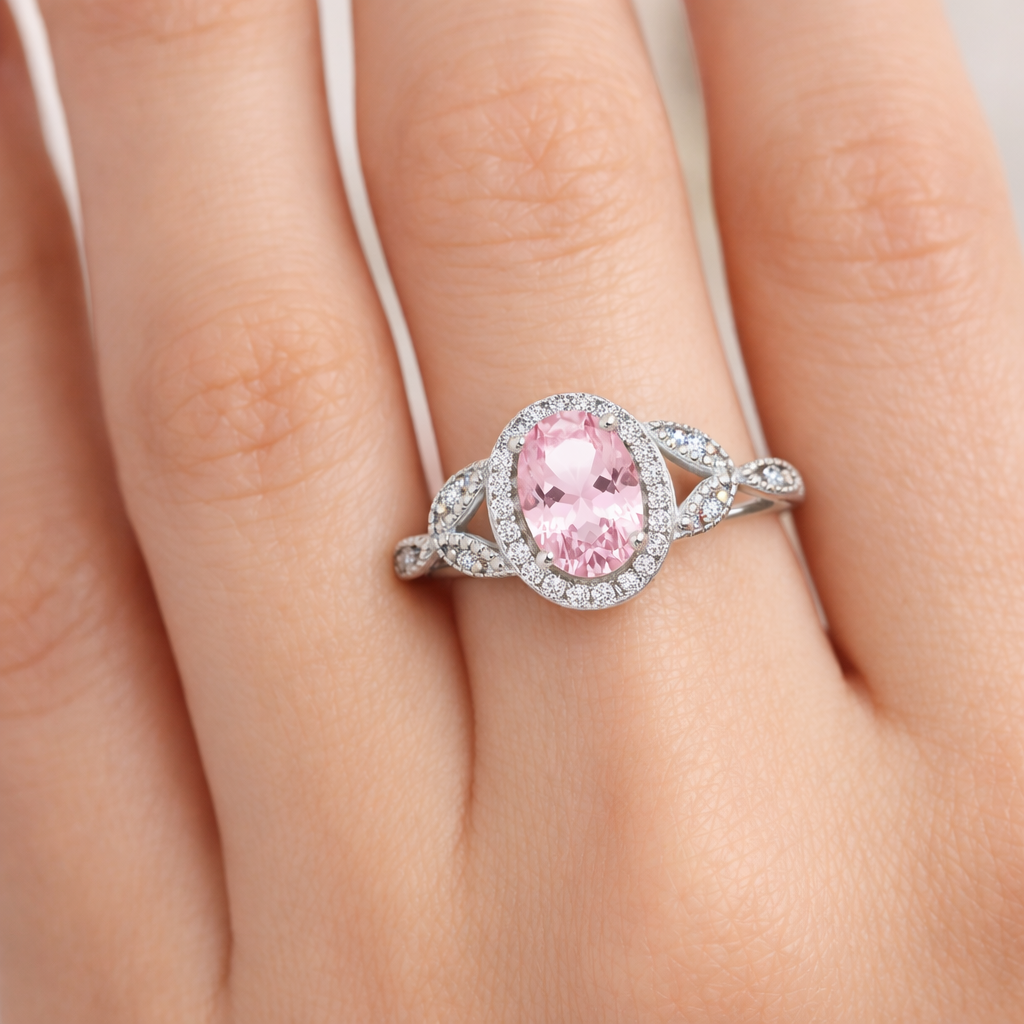 Sterling Silver Pink Topaz Ring Vintage Style Oval Halo 925 Hallmark Size K-S