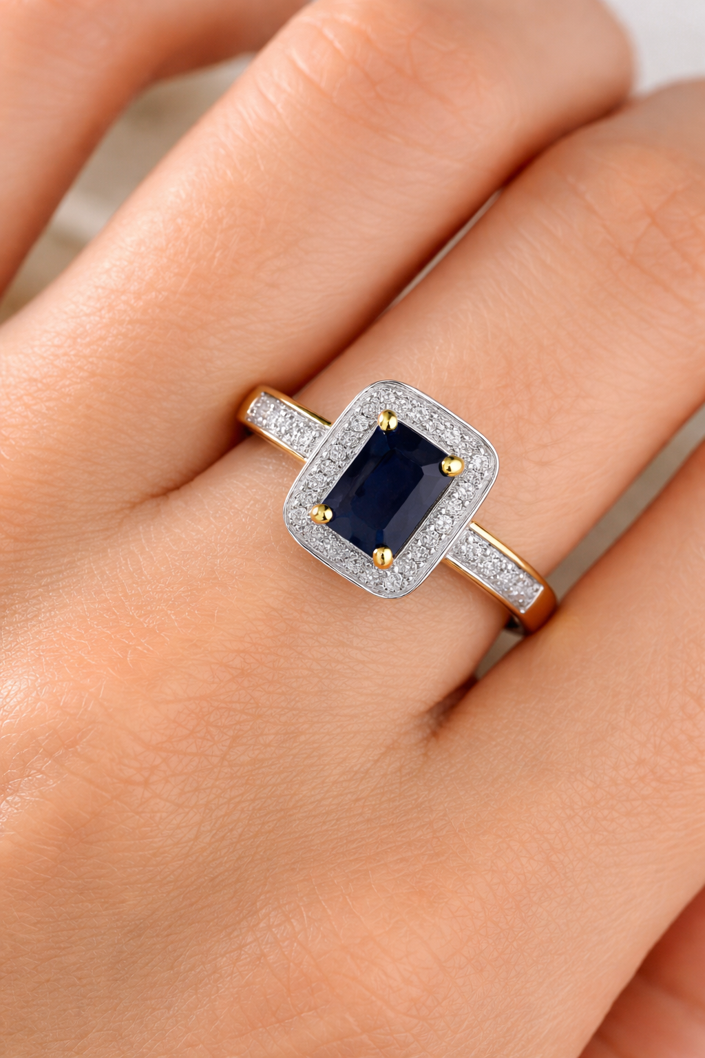 Real Sapphire and Diamond Ring Solid Yellow Gold Emerald Cut Engagement Size J-Q