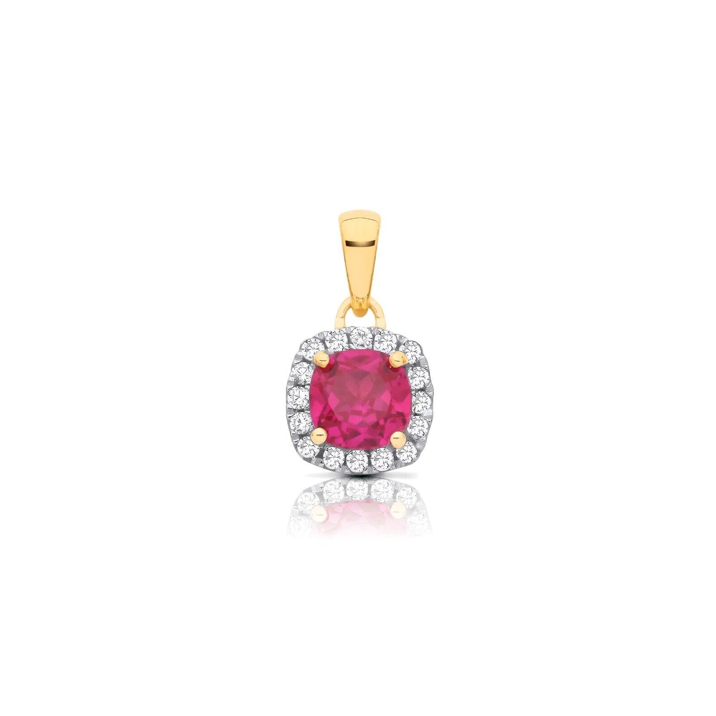 Ruby Cushion Cluster Pendant Solid 9ct Yellow Gold 18" Chain Hallmarked