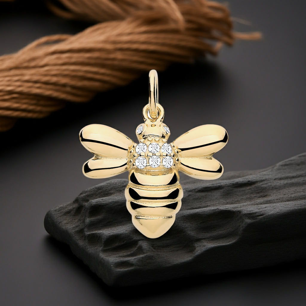 Zircon Bumble Bee Pendant 18ct Gold on Sterling Silver 925 Hallmark 18" Chain