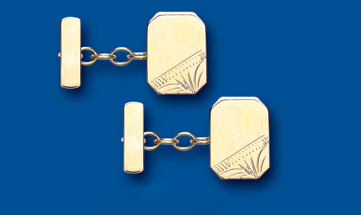 Gold Cufflinks Chained Solid Yellow Gold Rectangular British Made Hallmarked