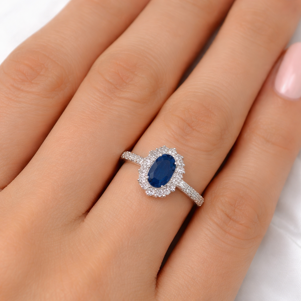 9ct White Gold Sapphire and Diamond Ring Oval Cluster Engagement Size J - Q