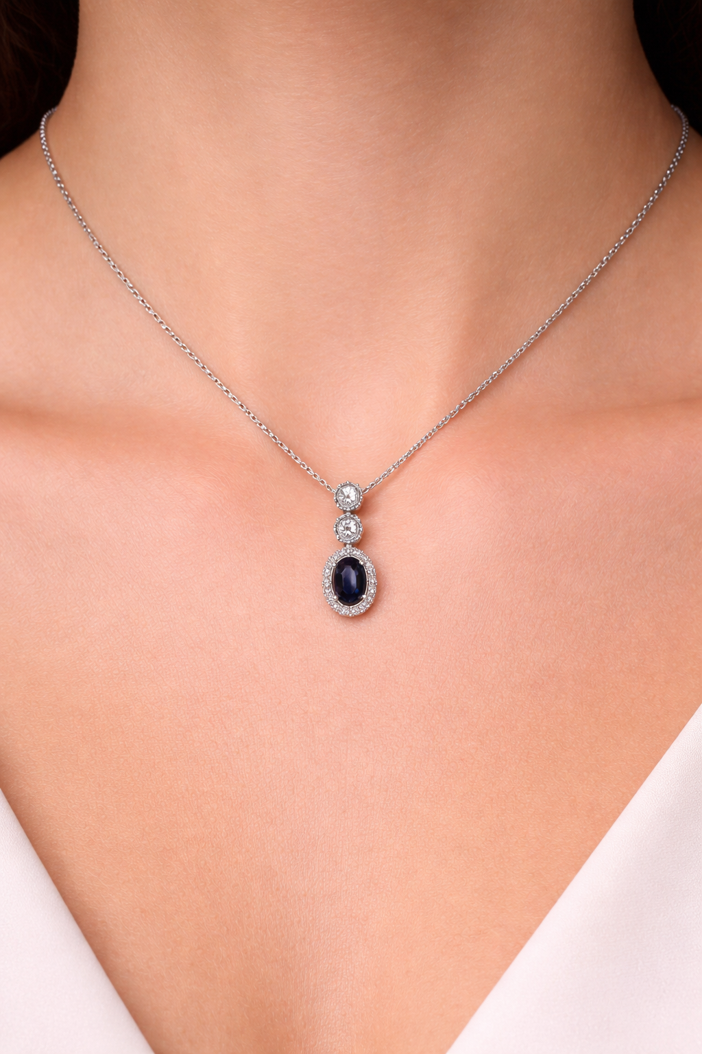 Sapphire and  Diamond Halo Pendant 9ct White Gold 16" 41cm Length Chain