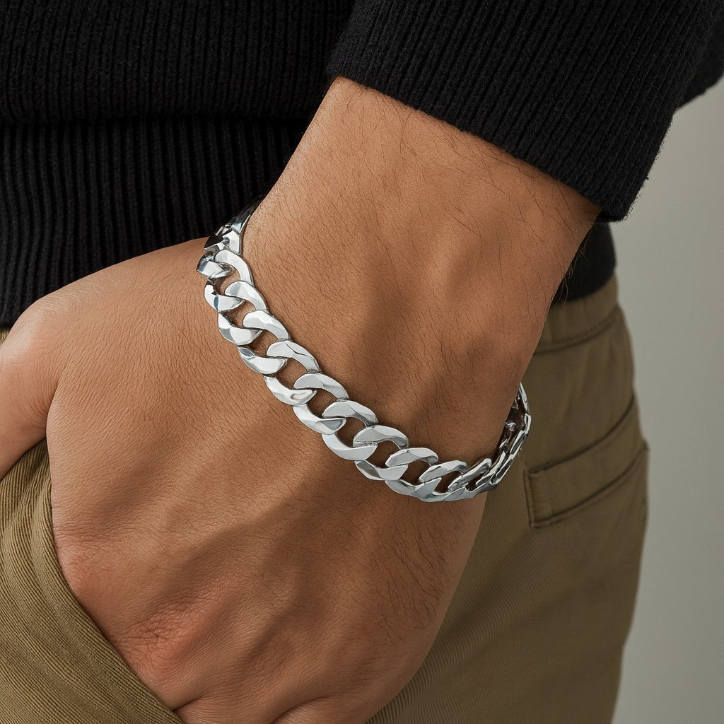 Gents Curb Bracelet Solid Silver 8.5" Length 11mm Wide British Made Hallmark