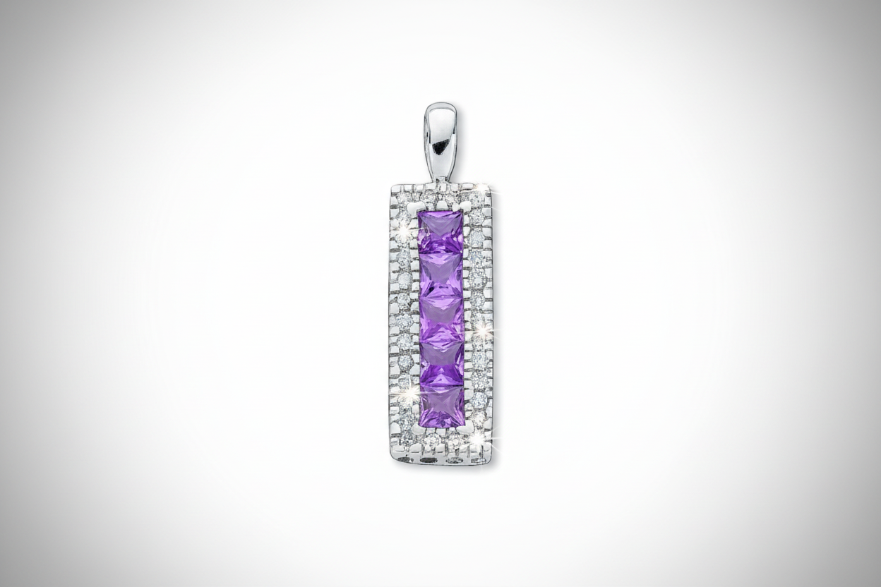 9ct White Gold Pink Sapphire and Diamond Rectangular Pendant