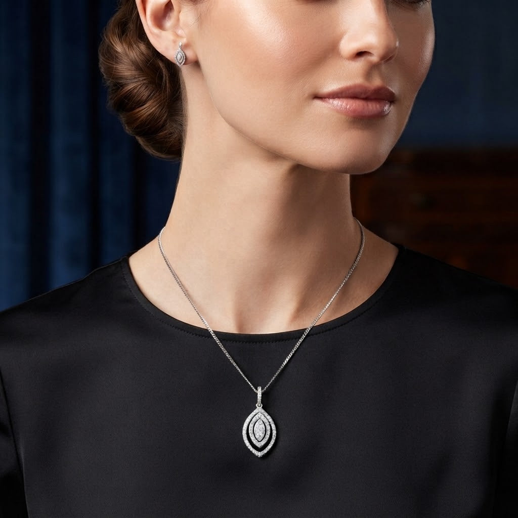 Triple Marquise Cluster Pendant 9ct White Gold Natural Diamond Necklace 18" 45cm