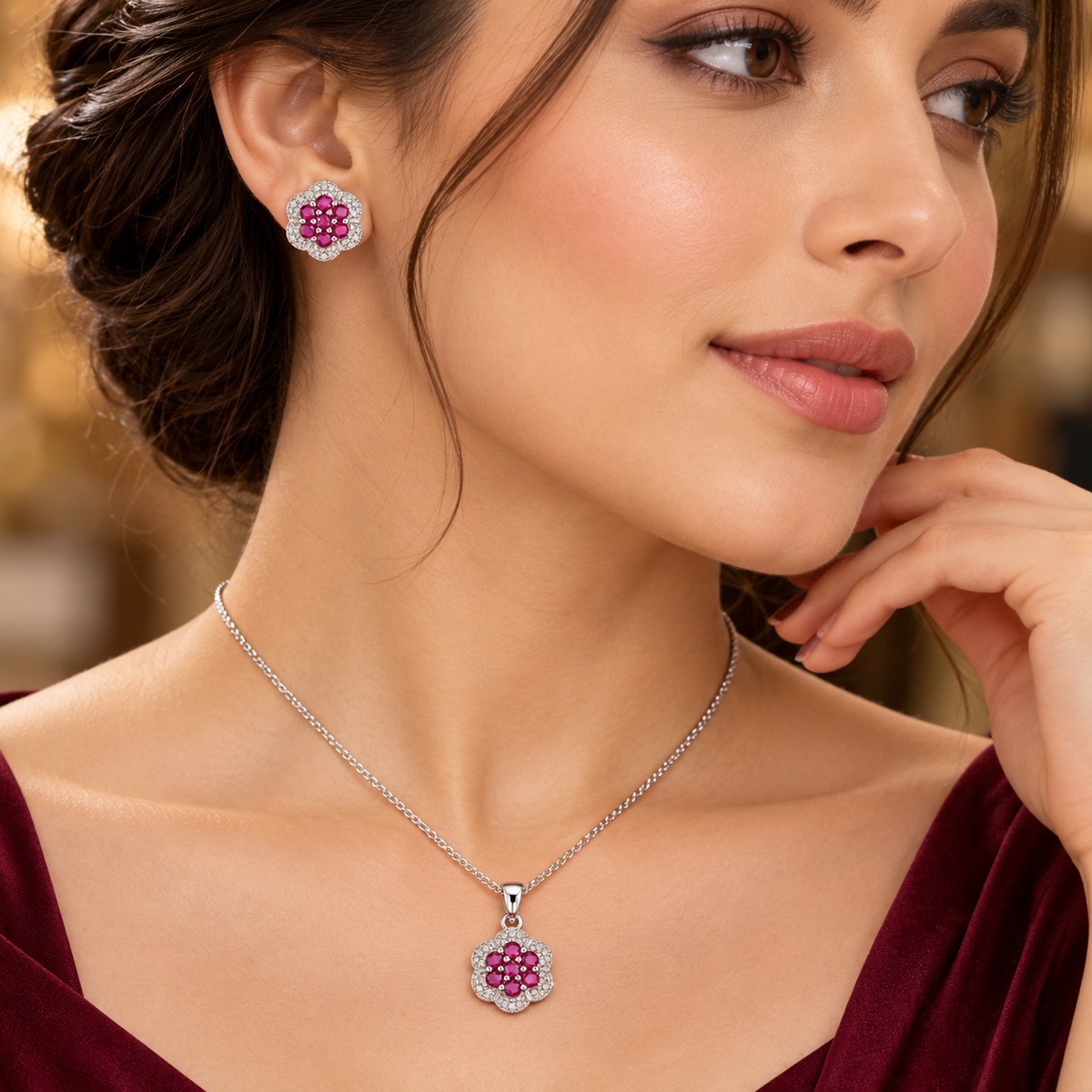 Ruby and Diamond Matching Set Solid Sterling Silver Pendant and Stud Earrings