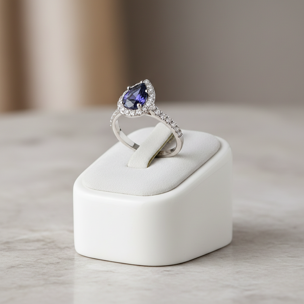 Sterling Silver Sapphire Ring Pear Halo Engagement 925 Hallmark Size K-S