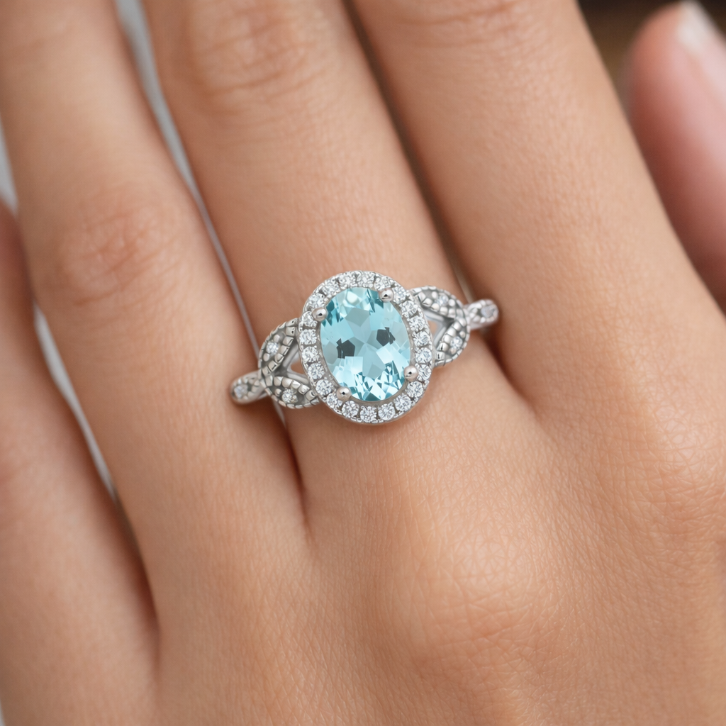 Sterling Silver Blue Topaz Ring Vintage Style Oval Halo 925 Hallmark Size K-S