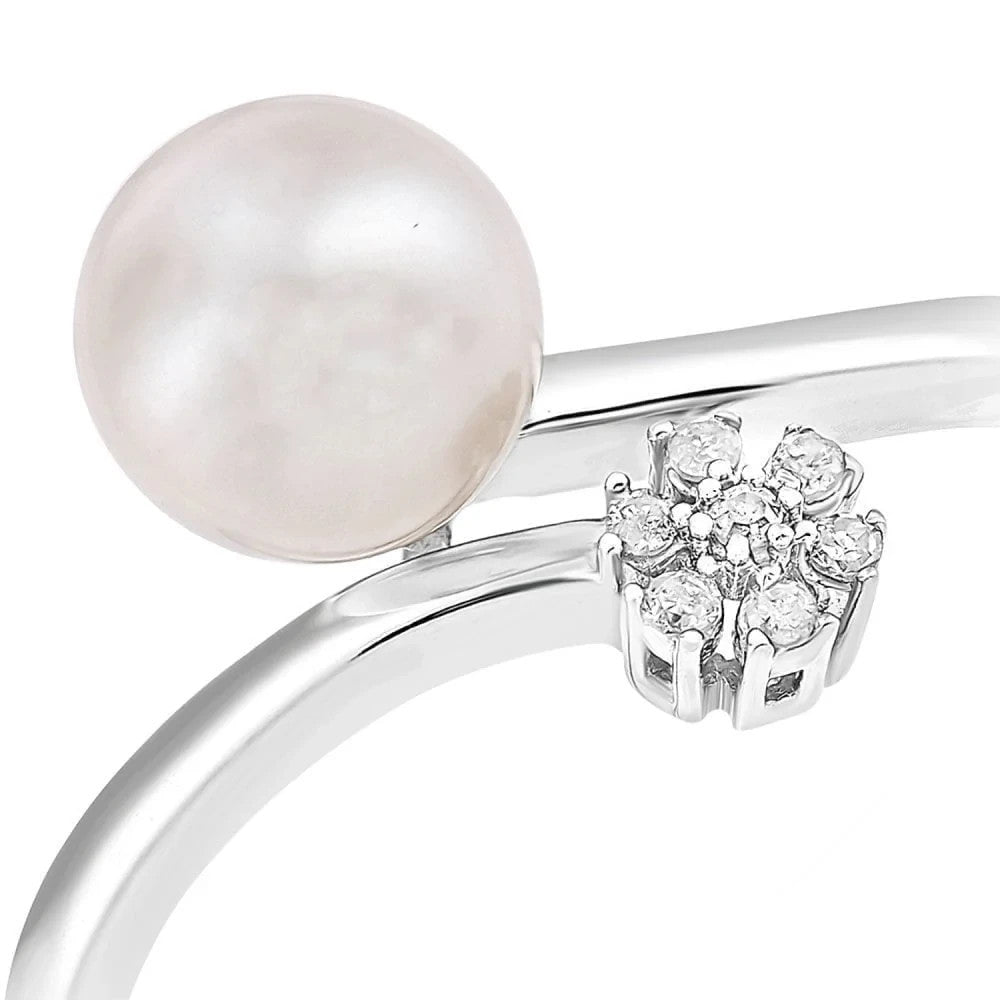Freshwater Cultured Pearl & Diamond Flower Open Ring in 375 White Gold