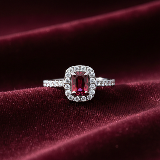 Sterling Silver Ruby Ring Rectangular Halo Engagement 925 Hallmark Size K-S