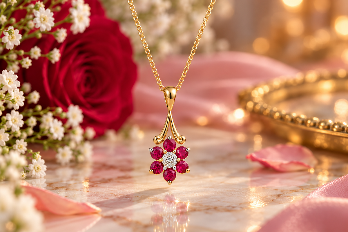 Ruby and Diamond Pendant Yellow Gold Cluster Necklace Hallmarked Natural Stones