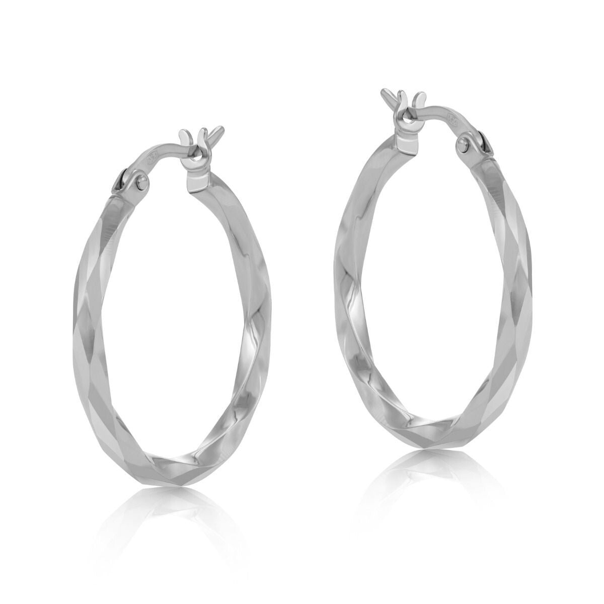 White Gold Hoop Earrings 22mm Faceted Polished Hoops Hallmarked