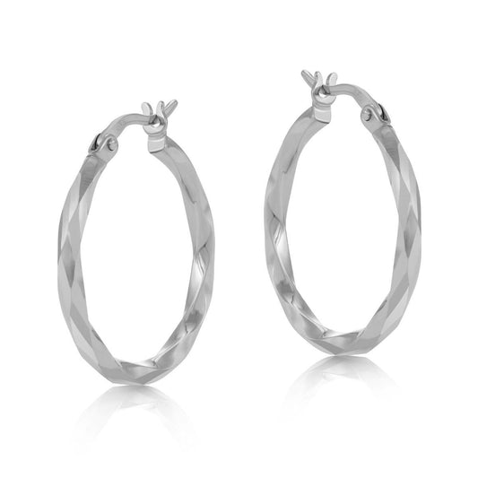 White Gold Hoop Earrings 22mm Faceted Polished Hoops Hallmarked
