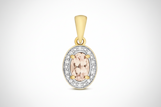 Morganite and Diamond Halo Ova Pendant 9ct Yellow Gold Necklace Real Stones