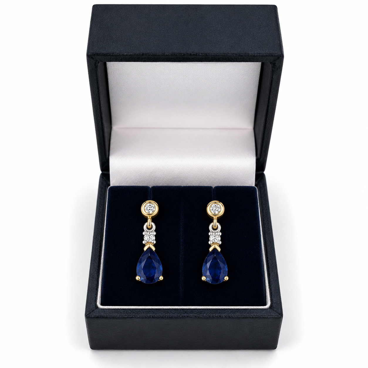 Yellow Gold Sapphire & Diamond Drop Earrings Pear Cut Teardrop Dangle Studs