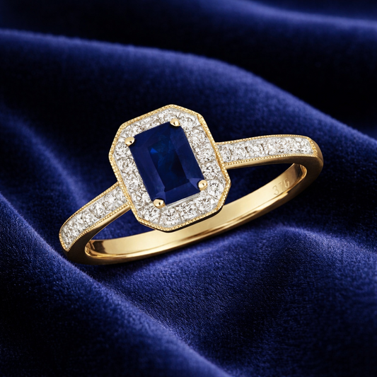 Sapphire and Diamond Ring 9ct Yellow Gold Octagon Cluster Size J-Q Hallmarked