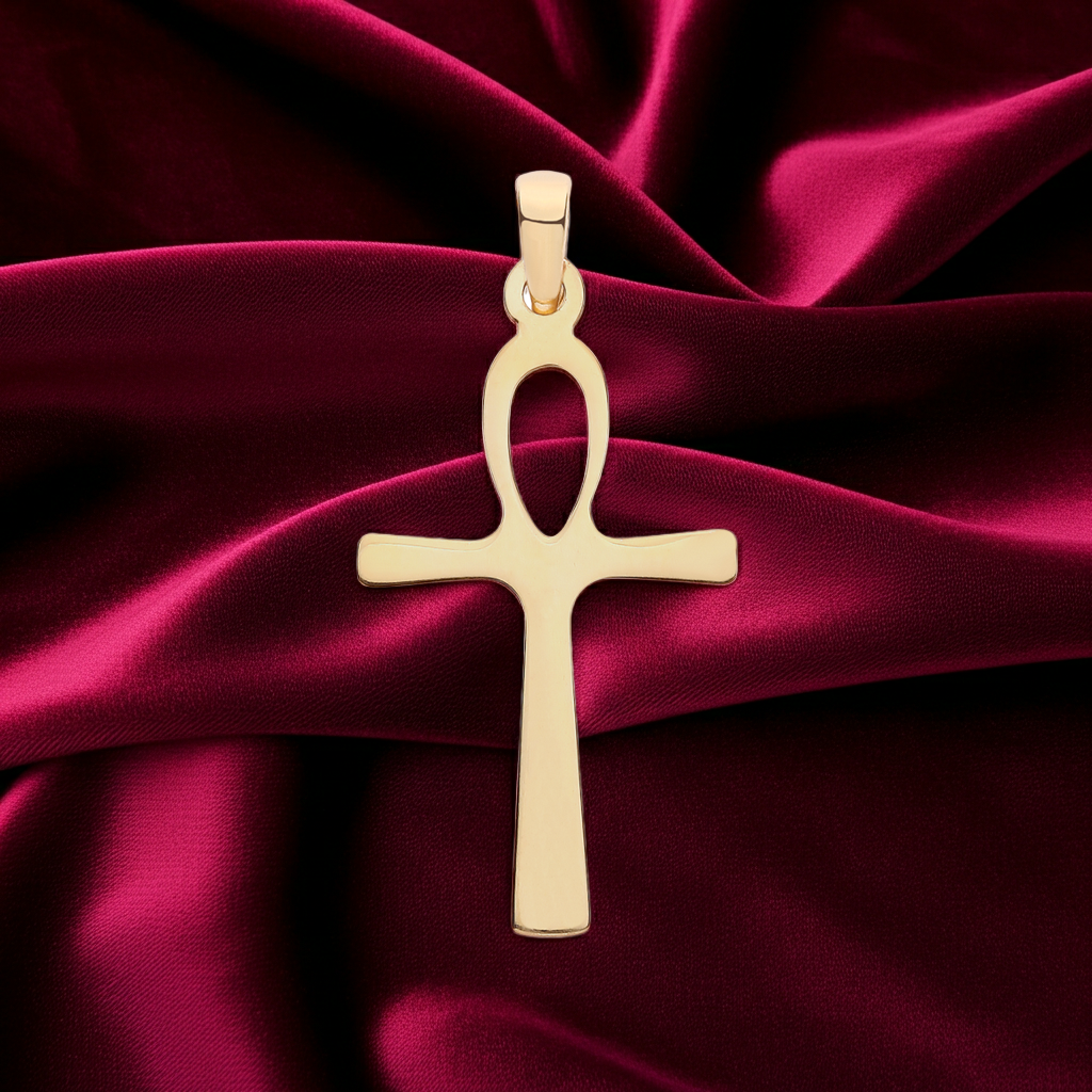 18ct Gold Ankh Cross Pendant on Solid Sterling Silver 925 Hallmark 33mm