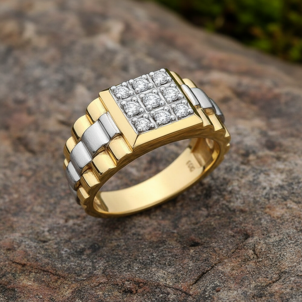 J R Jewellery Men's White and Yellow Gold Pinky Ring with Diamonds