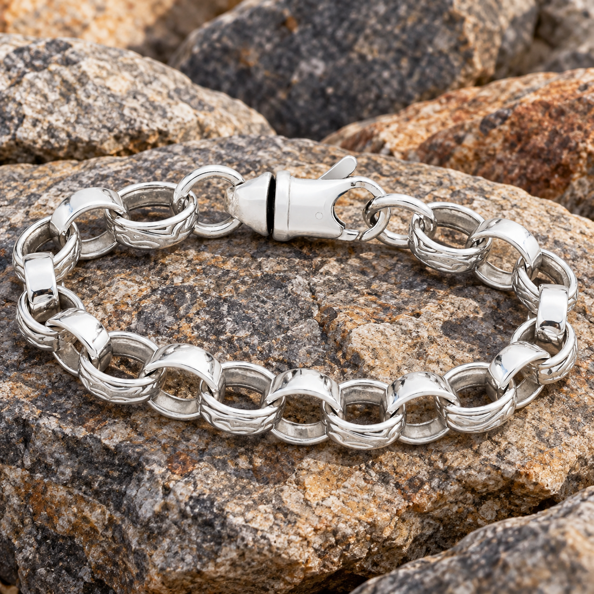 Men's Patterned  Belcher Chain Bracelet Solid Silver Hallmarked 10.5mm Wide 9"