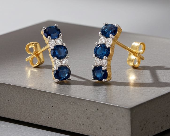 18ct Gold Sapphire Drop Earrings on Solid Sterling Silver 925 Hallmark